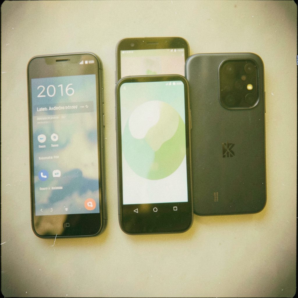 A grainy analog film photograph of several smartphones arranged on a light grey surface, in muted charcoal, silver, and soft white tones.