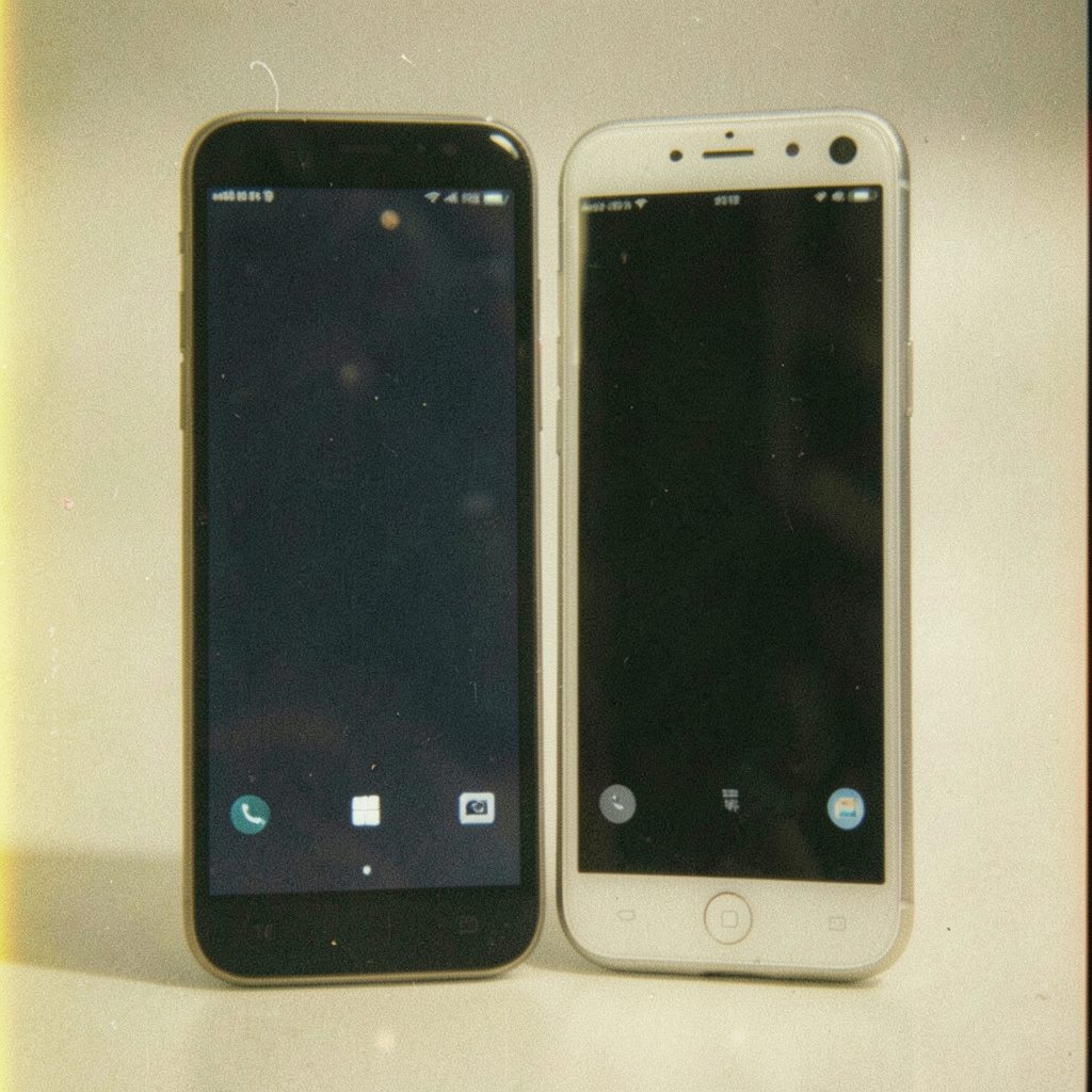 An analog film photograph of two budget Android phones side by side on a light wooden surface, soft natural window light casting gentle shadows, with visible grain and muted pastel tones.